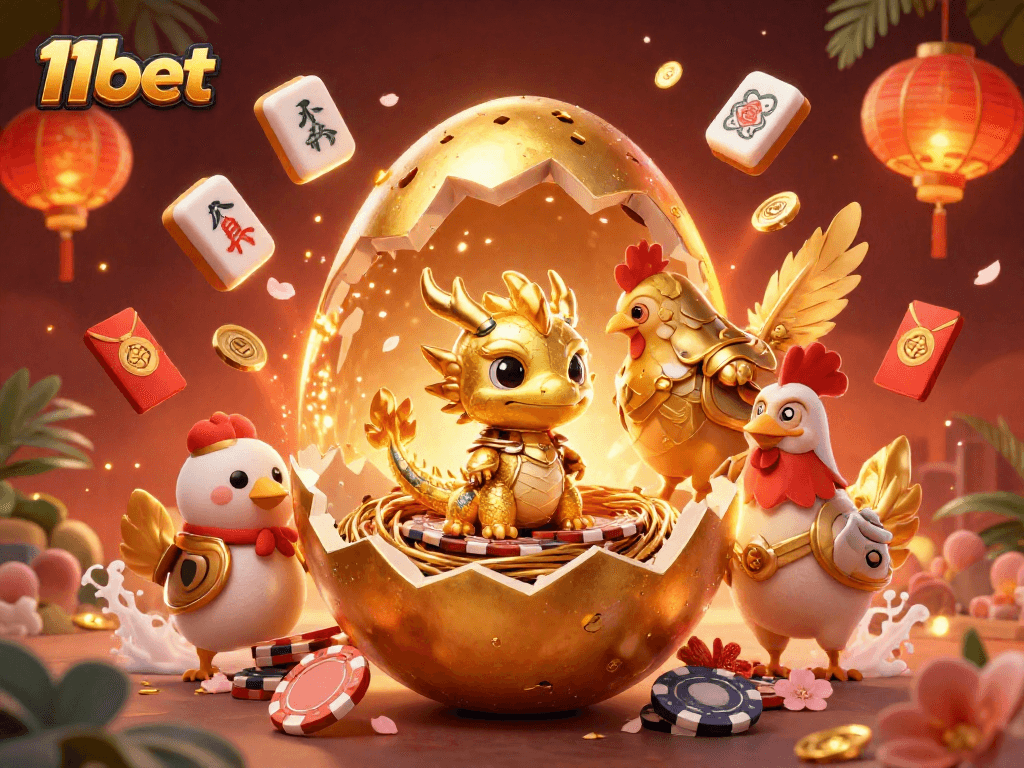 Win big with 11bet in this vibrant casino-themed illustration showcasing golden characters and elements.