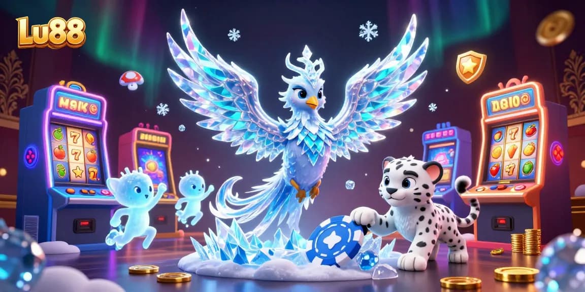 Win big with Lu88 at a vibrant casino scene featuring an ice phoenix and colorful slot machines