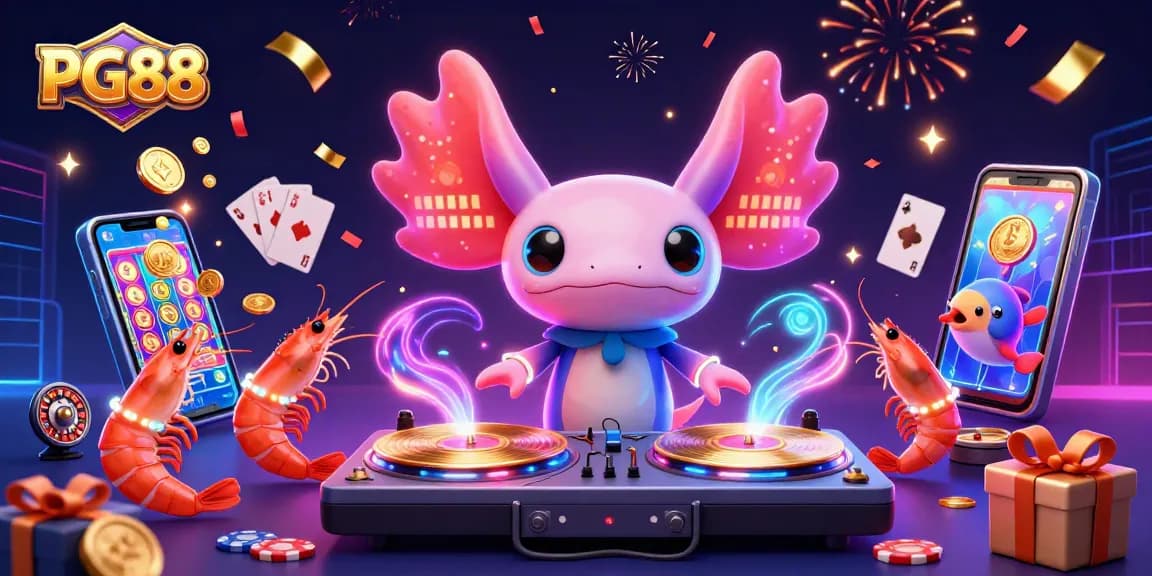Experience PG88’s vibrant casino atmosphere with a neon-colored axolotl DJ and lively casino elements.