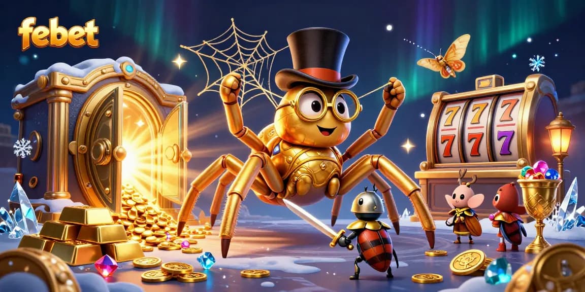 Join the excitement at febet as a giant tarantula weaves gold in a vibrant casino scene.