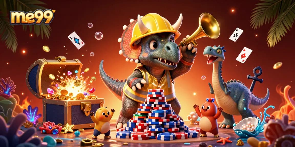 Join the fun at me99 with cartoon dinosaurs building poker chips in a vibrant casino scene.
