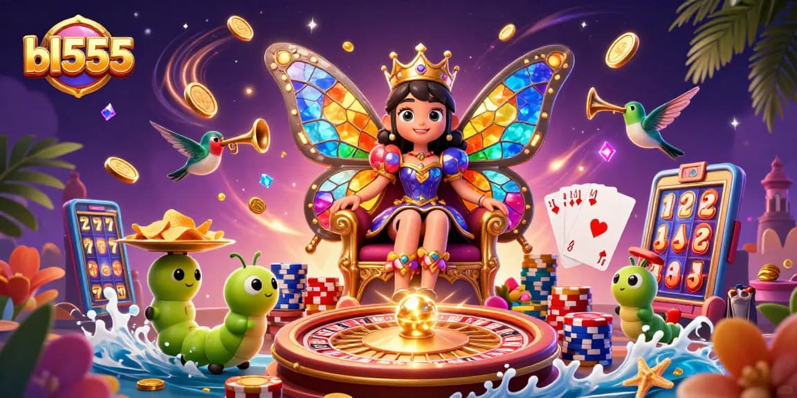 Experience the vibrant casino world of bl555 with a butterfly queen granting fortunes amidst colorful chips and games.