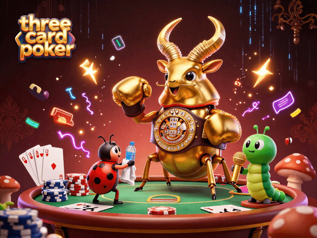 Join the action in three card poker with vibrant characters and casino elements in this dynamic scene.