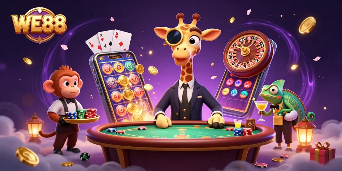 Experience top-tier gaming at WE88, featuring a lively scene with a high-roller giraffe, monkey valet, and chameleon bartender.