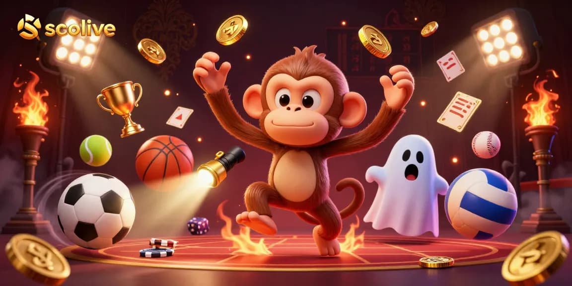Socolive showcases an animated poltergeist monkey juggling gold objects amidst a lively sports betting atmosphere, enhancing your gambling experience.
