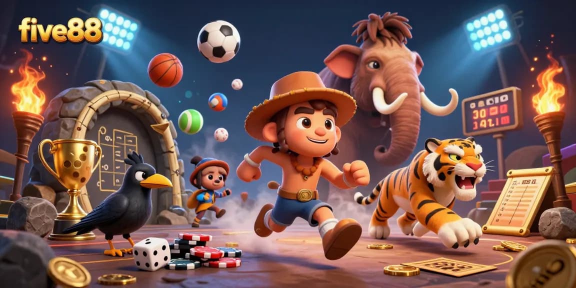 Experience thrilling gameplay with five88 in a vibrant and dynamic casino scene filled with sports elements.