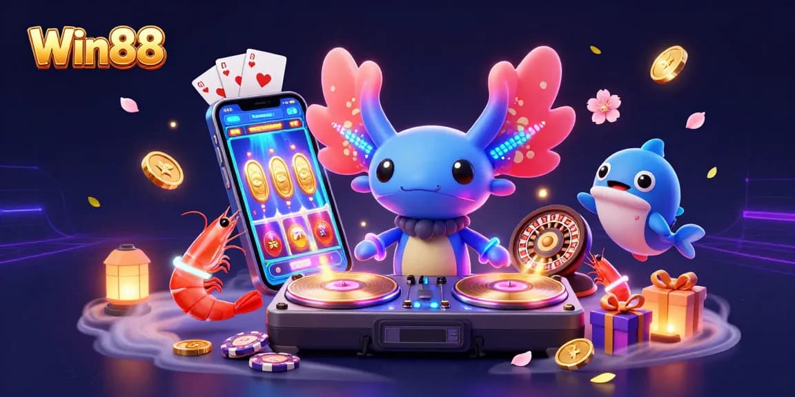Experience thrilling gameplay at Win88 with vibrant casino games, spinning reels, and dynamic characters.