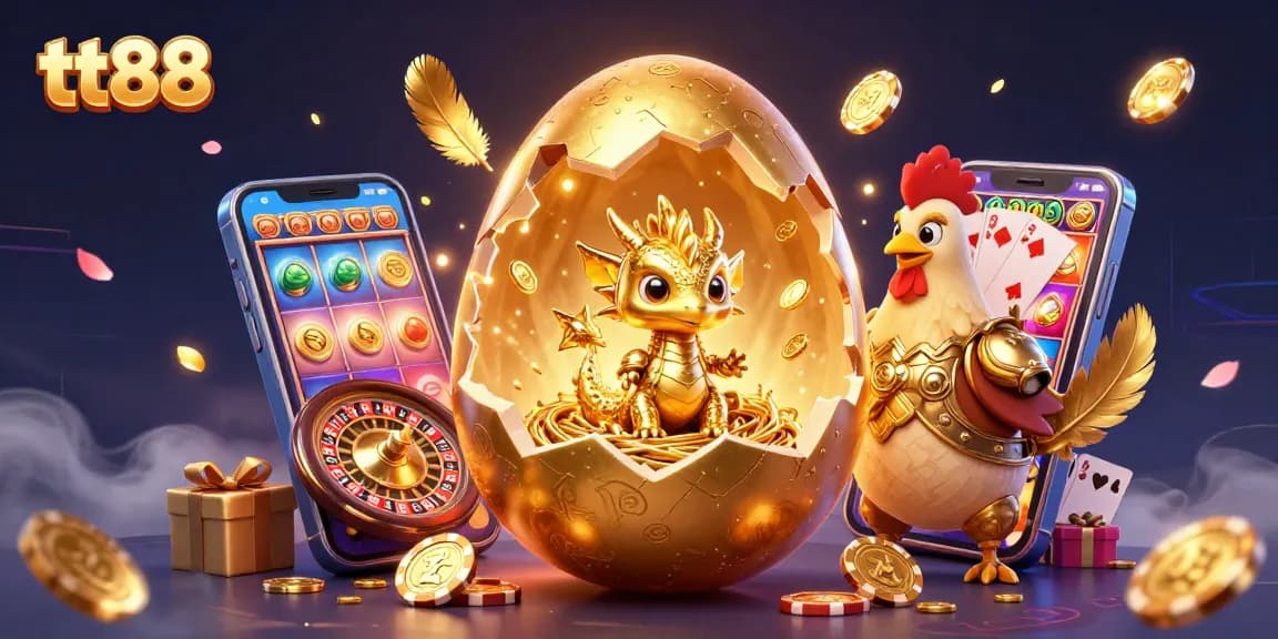 Win big with tt88 as a golden dragon emerges from a poker chip nest, embodying exciting online gaming.