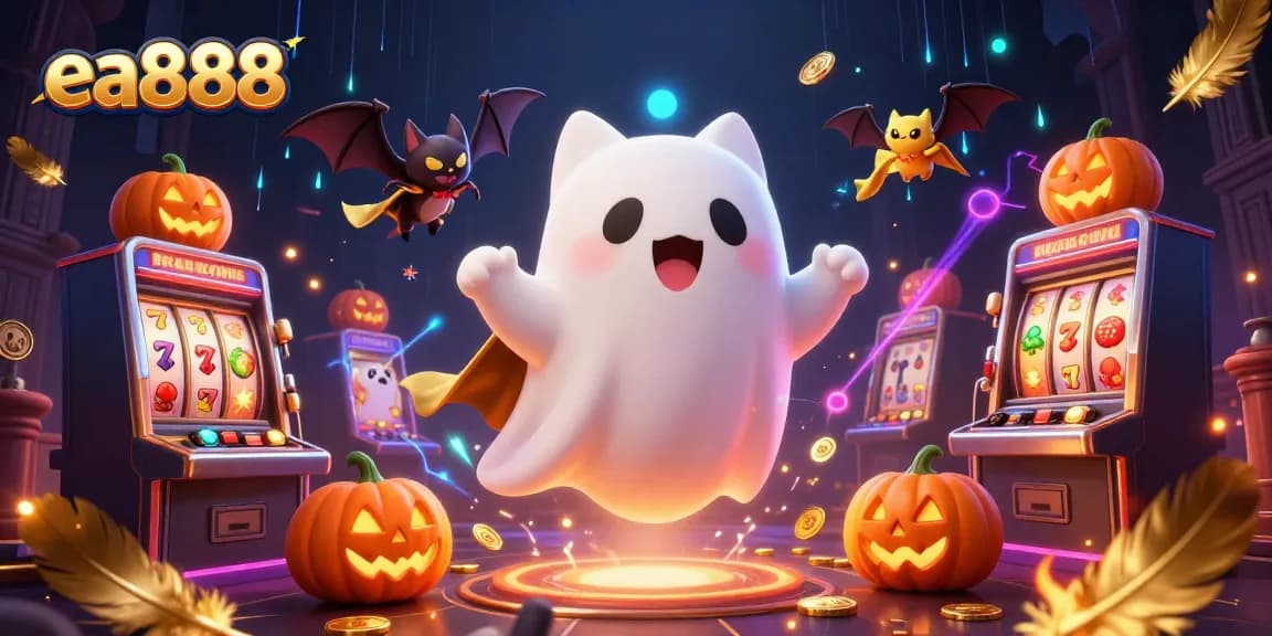 Win big at ea888 with a 3D ghost cat and vampire bat in a haunted casino adventure.
