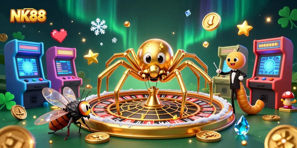 Bet with NK88 as a fly nervously places bets beside a golden spider spinning a roulette web.