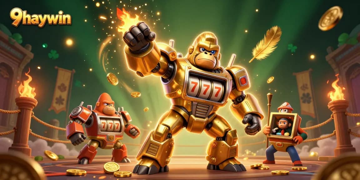 Experience the excitement of 9haywin with a dynamic scene of a golden gorilla mech amidst a vibrant casino atmosphere.