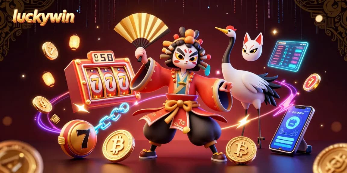 Experience the thrill of winning at luckywin with a vibrant 3D casino illustration featuring iconic symbols.