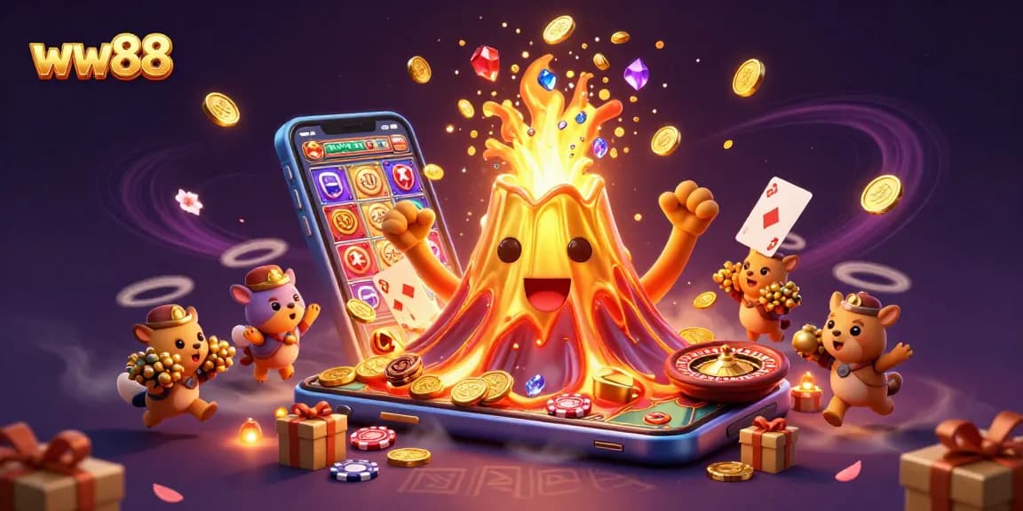 Join the excitement at ww88 with a golden volcano erupting treasure, promising thrilling casino adventures!