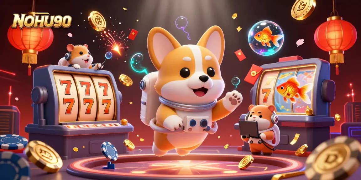 Engage with the vibrant NOHU90 casino experience through a colorful scene featuring a space-themed 3D illustration.