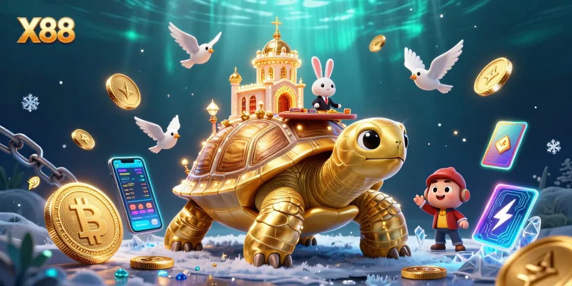 Experience thrilling wins at X88, featuring a golden tortoise casino with vibrant dealer action.