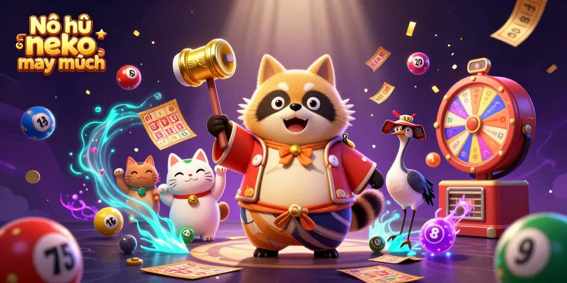 Nổ hũ neko may mắn thrills players with colorful cartoon characters, lottery elements, and vibrant casino visuals.
