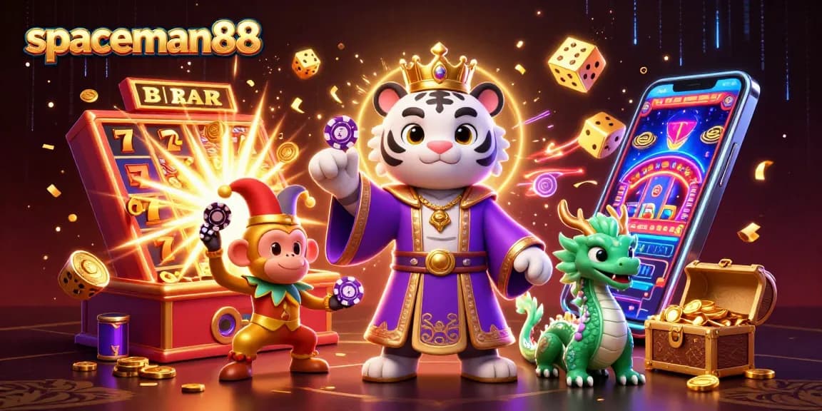 Engage with spaceman88 as a vibrant 3D cartoon scene featuring a tiger, monkey, and dragon amidst slot machines.