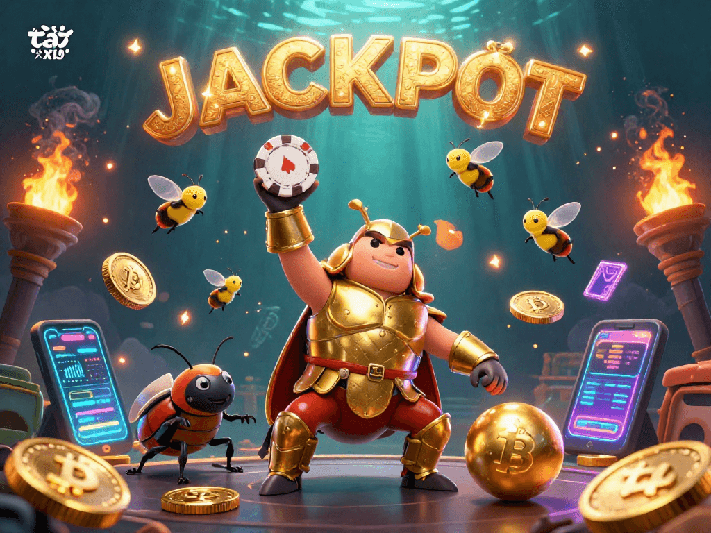 Experience thrilling gameplay with tài xỉu as 3D characters celebrate a jackpot in this vibrant casino scene.