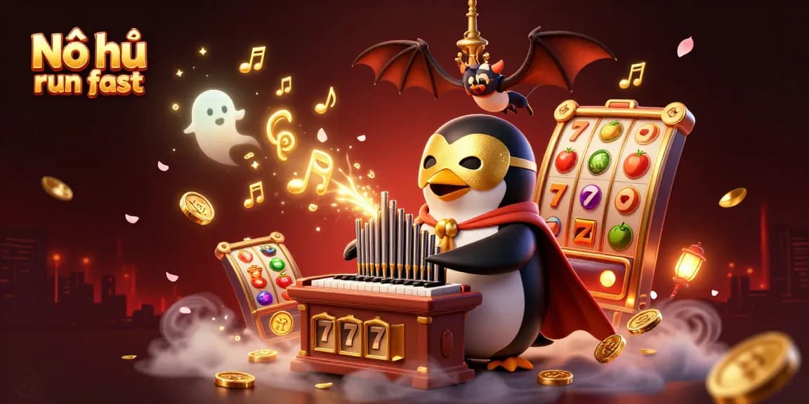 Nổ hũ run fast showcases a lively scene with a cartoon penguin amidst jackpot reels and golden coins.