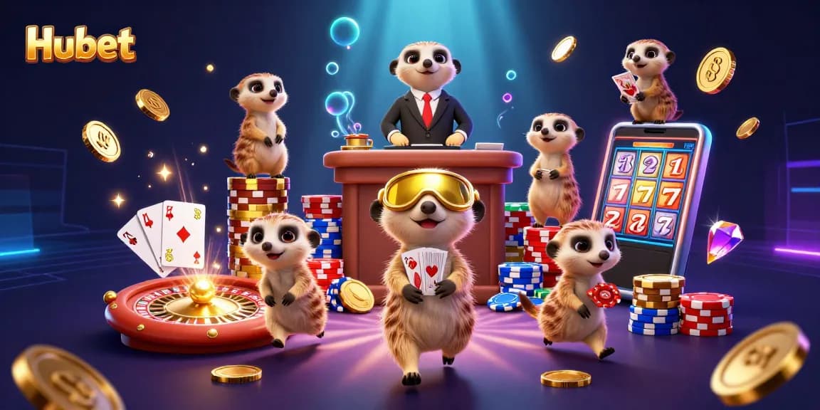 Experience Hubet's vibrant casino atmosphere with meerkats, winning big among colorful chips and coins.