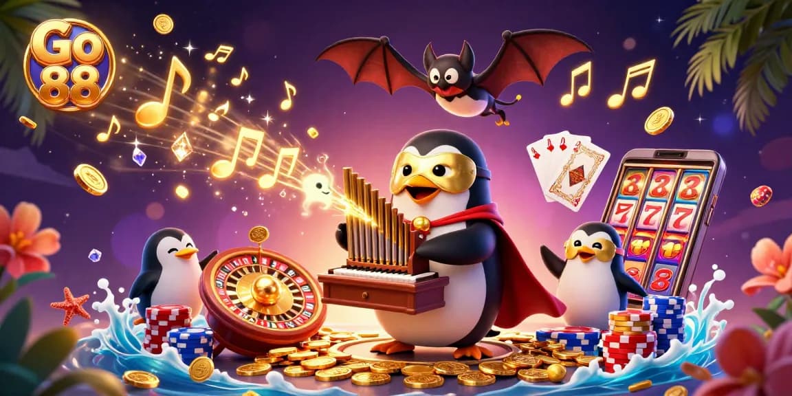Join the excitement with Go 88 as golden coins rain down from a pipe organ in a lively casino scene.