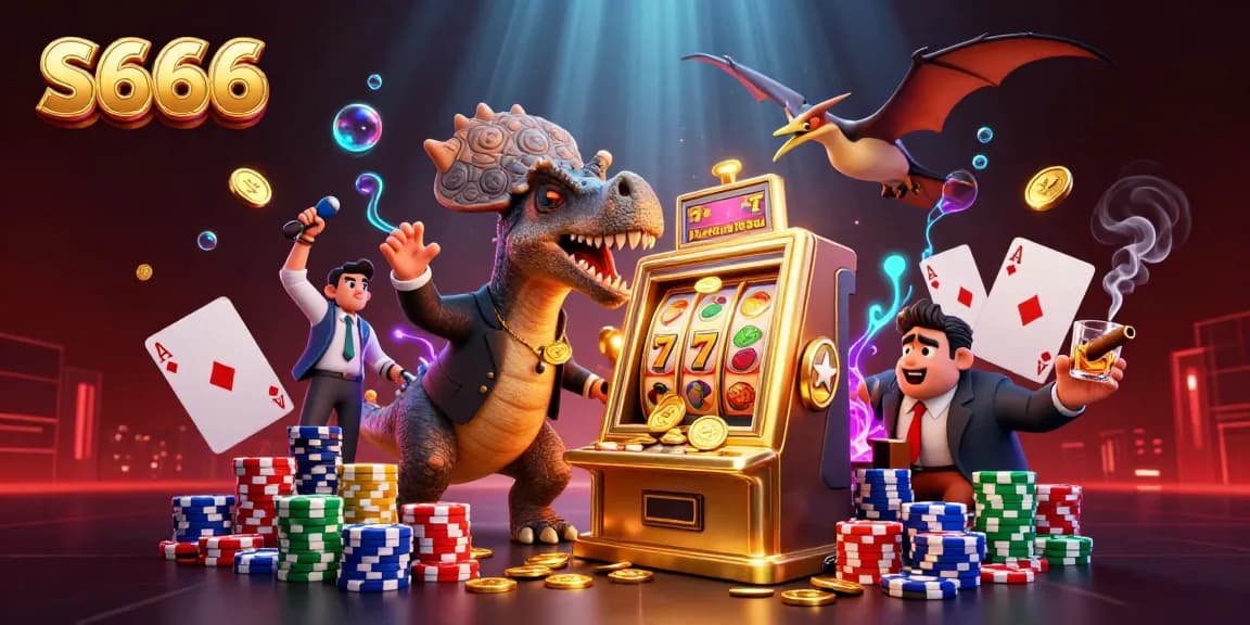 S666 jackpot scene with a pachycephalosaurus interacting with a slot machine amid casino chaos.
