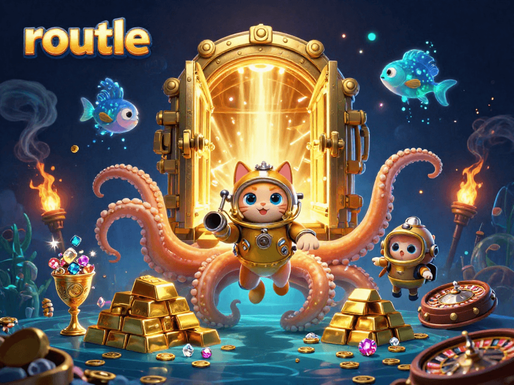 Engaging scene of roulette featuring a colossal kraken, diving cat, and treasure elements.