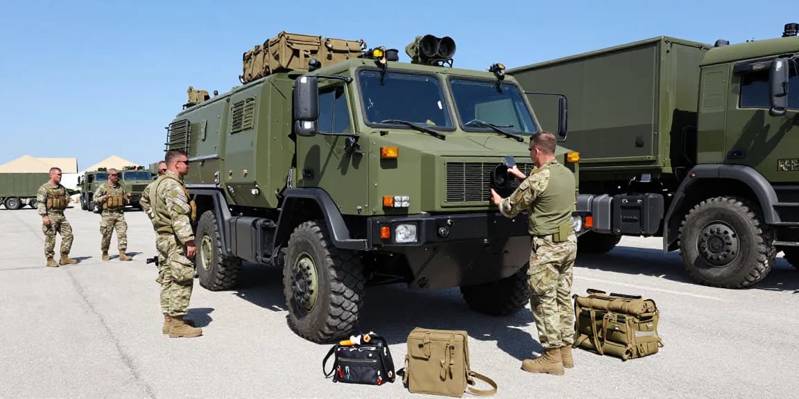 88M Motor Transport Operator inspecting military vehicle on base, showcasing logistics teamwork.