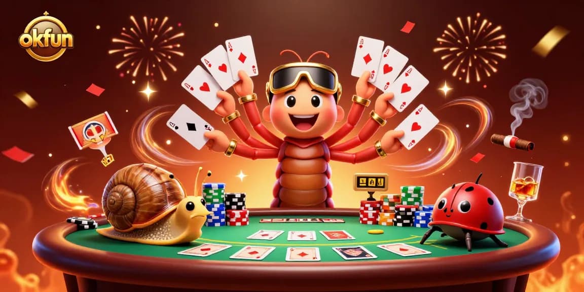 Experience excitement at okfun with a lively 3D casino scene featuring unique characters and game elements.