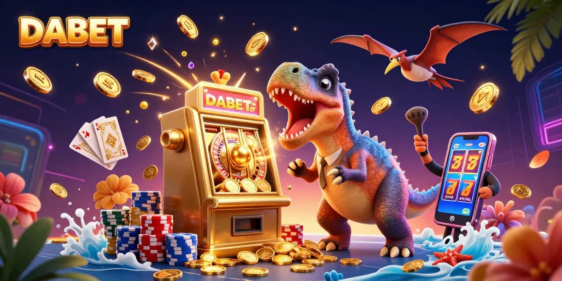 DABET captivates players with a thrilling jackpot scene, featuring vibrant slot machines and flying coins.
