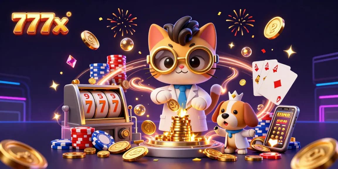 Win big at 777x with dynamic 3D casino scene featuring lively characters and exciting game elements.