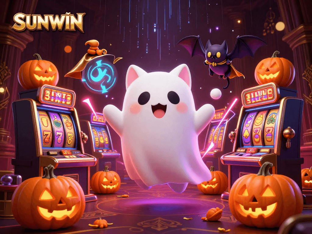 SUNWIN casino scene with friendly ghost cat and vampire bat amid slot machines and fruit symbols.