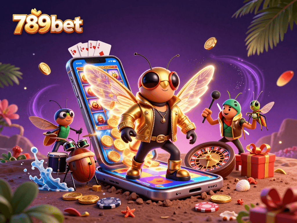 Capture the excitement of 789bet with a vibrant casino scene featuring dynamic characters and games.