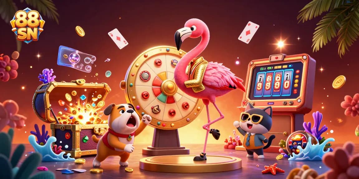 Experience thrilling moments with 88 SN as characters reveal exciting casino prizes in a vibrant scene.