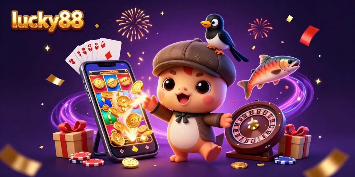 Spin and win big with lucky88 in this vibrant casino-themed 3D illustration featuring playful characters.
