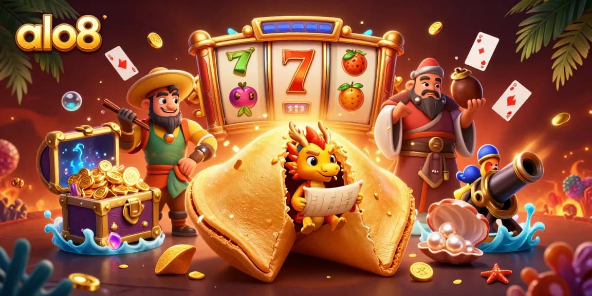 Engage with the unique world of alo8 through vibrant 3D illustration featuring a golden fortune cookie and dynamic casino elements.