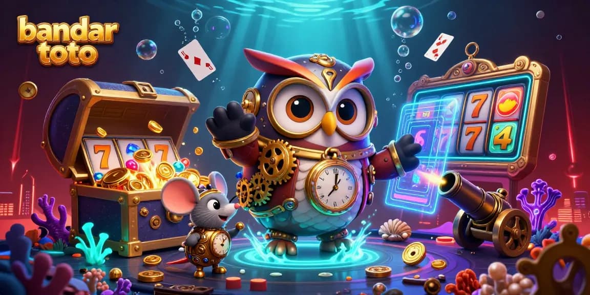 Engage with bandar toto in a vibrant scene featuring a cartoon owl, steampunk gear, and casino elements.