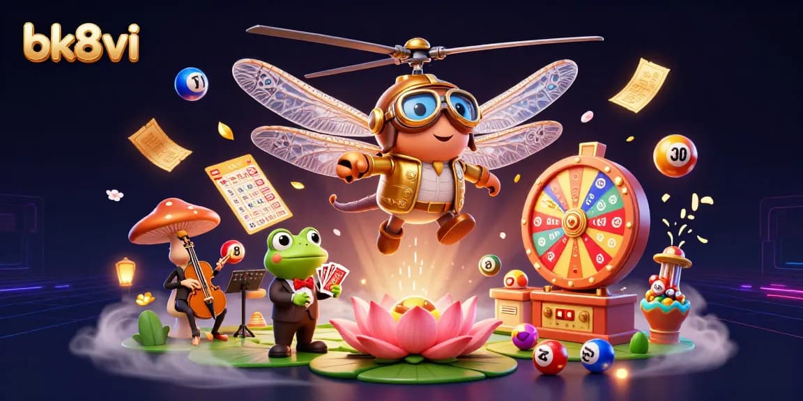 Engage in the vibrant bk8vi casino experience with a 3D cartoon dragonfly pilot and frog dealer amidst colorful gaming elements.
