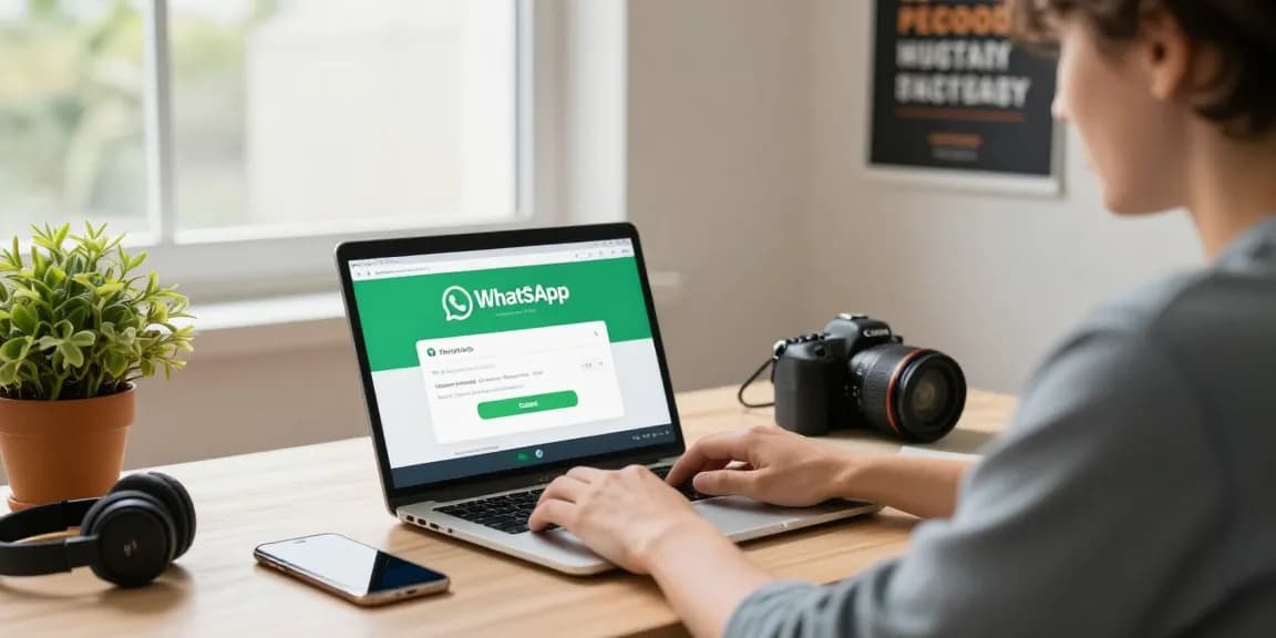 WhatsApp下載 process depicted in a cozy home office setting with a laptop and smartphone.