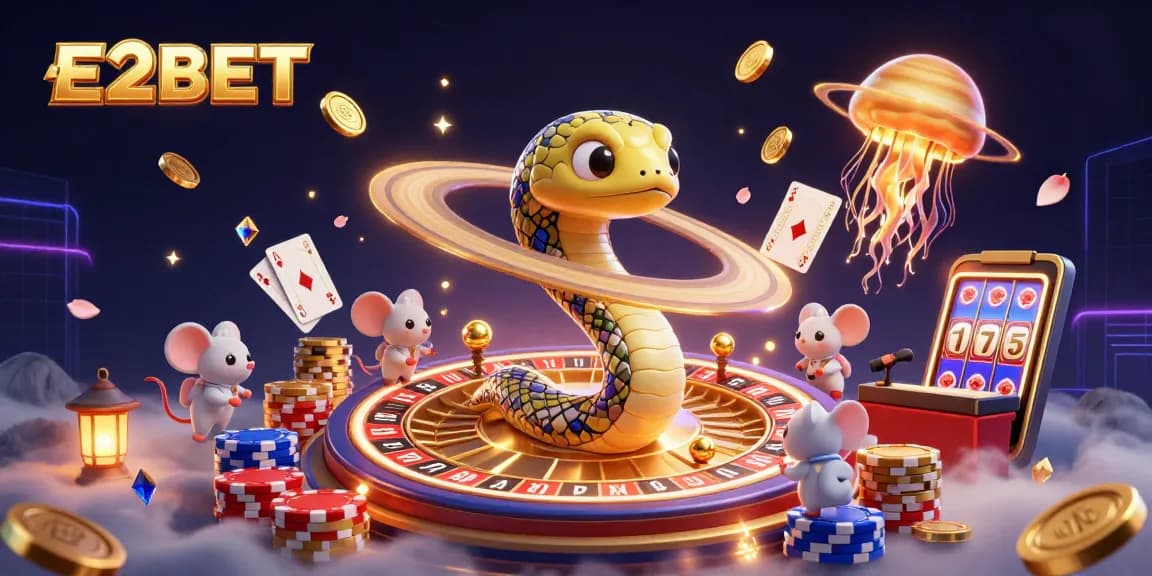 E2BET throws you into a thrilling cosmic gaming scene with animated roulette and playful cosmic dealers.