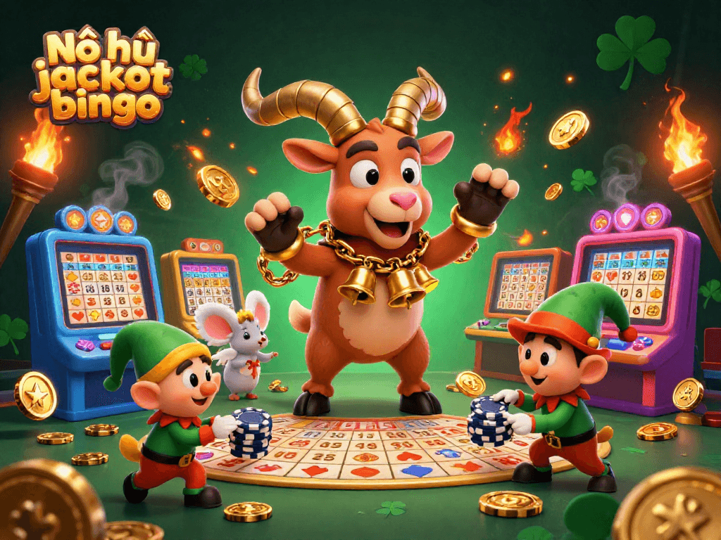 Nổ hũ jackpot bingo scene showcasing a festive casino atmosphere with cartoon characters in action.