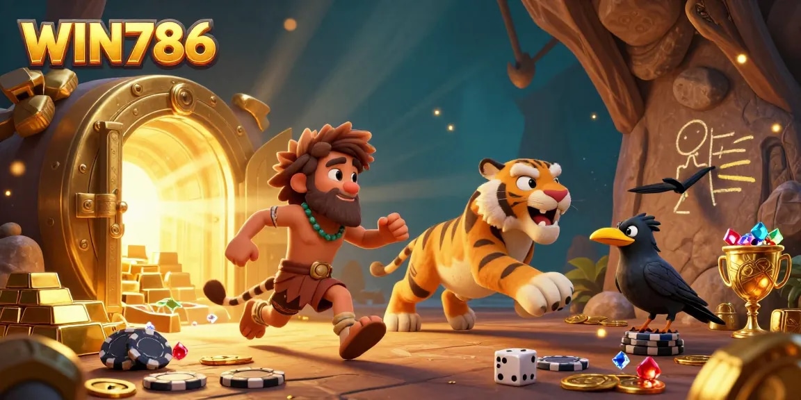 WIN786 showcases thrilling casino action with a vibrant caveman and sabertooth duo in a dynamic prehistoric setting.