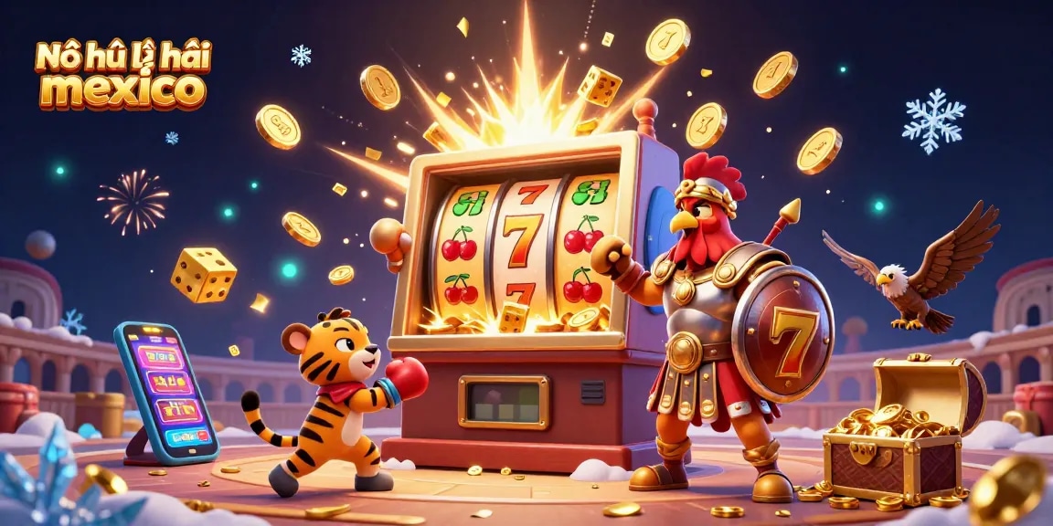 Nổ hũ lễ hội mexico gameplay with vibrant slot machine bursting coins and characters energized in a colosseum scene.