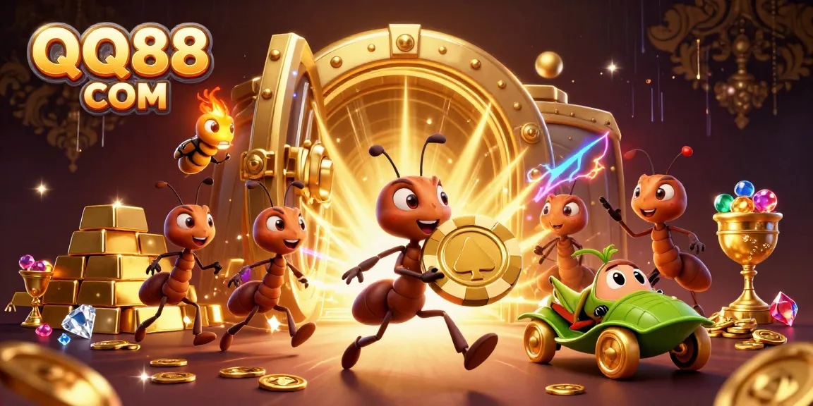Play poker at QQ88 COM with a 3D heist scene featuring cartoon characters, golden treasures, and excitement.