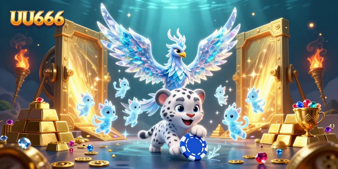Experience the thrill of UU666 with sparkling treasures and playful characters in a vivid casino scene.