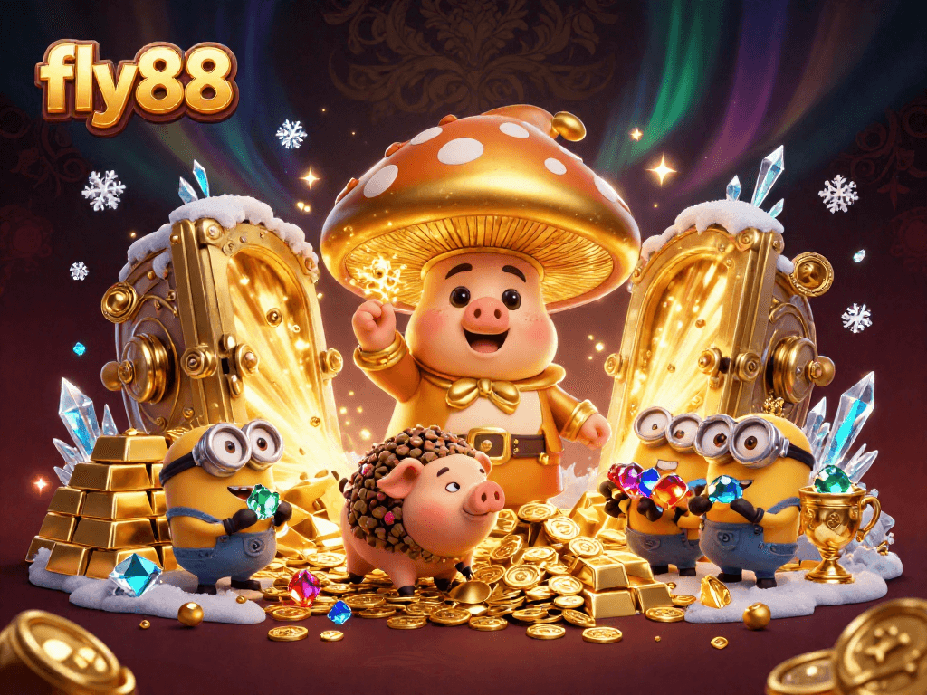 Experience thrilling wins at fly88, featuring a magical scene of golden treasures and whimsical characters.
