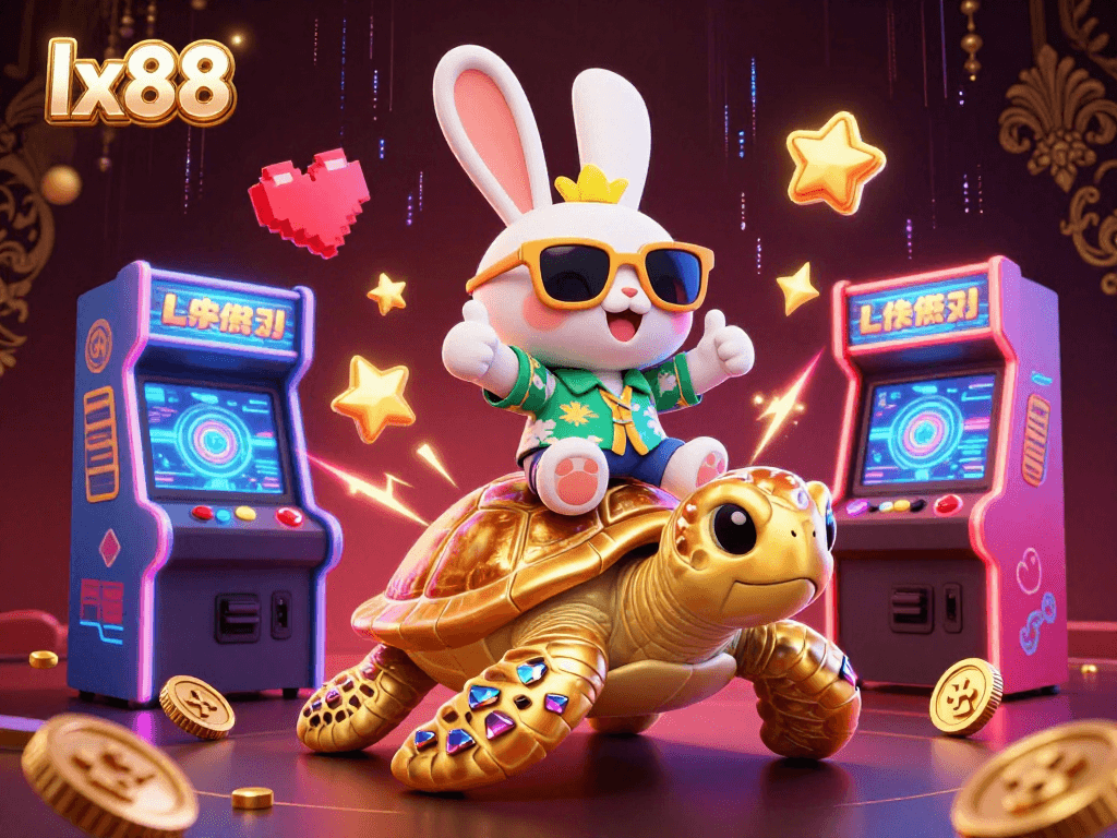 Experience the excitement of lx88 with a lively 3D illustration featuring a lucky rabbit and golden turtle.