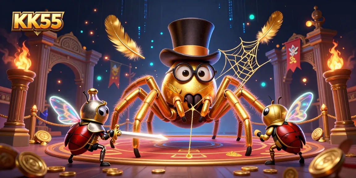 Engage with KK55's dynamic gambling scene, showcasing a golden tarantula and a fearless beetle knight.