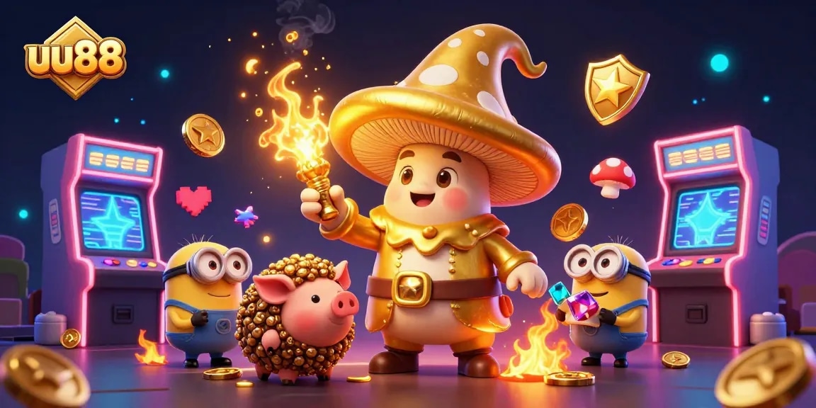 Spin and win at uu88 casino with a magical golden mushroom wizard and treasures in a dynamic, vibrant illustration.