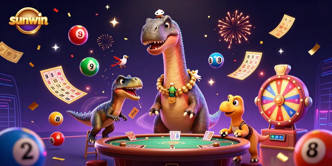 Sunwin showcases a vibrant 3D digital illustration of a lively casino scene with dynamic game elements.